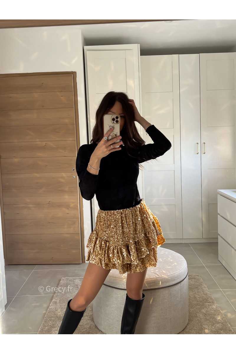 Jupe short sequins doré or tenue de fête Noel grecy mode tendance look