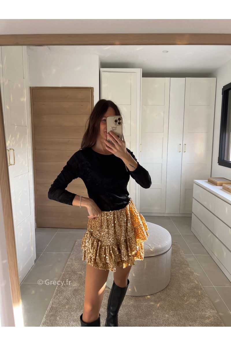 Jupe short sequins doré or tenue de fête Noel grecy mode tendance look