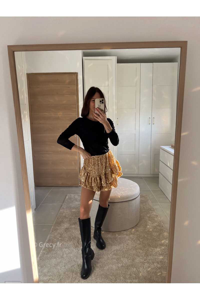 Jupe short sequins doré or tenue de fête Noel grecy mode tendance look