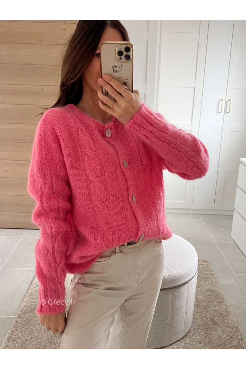 gilet cardigan maille torsadé rose mohair tendance mode grecy look automne hiver 2024
