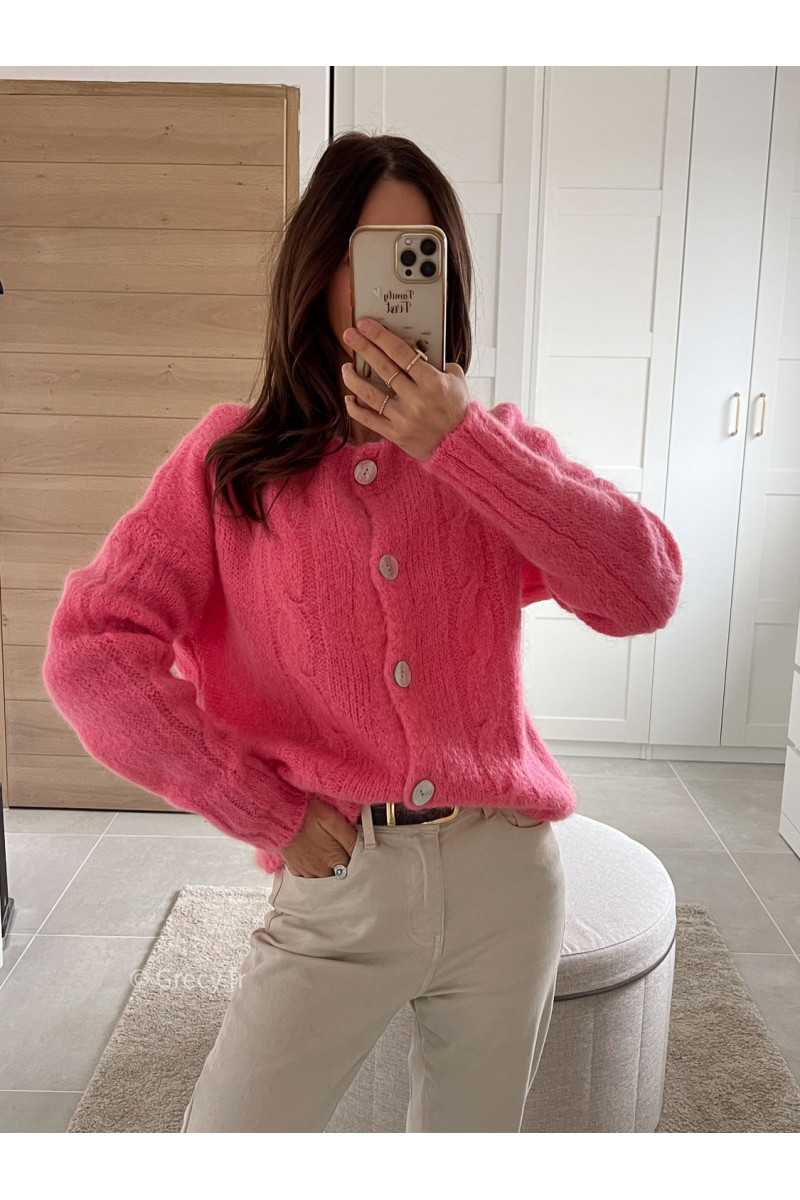 gilet cardigan maille torsadé rose mohair tendance mode grecy look automne hiver 2024