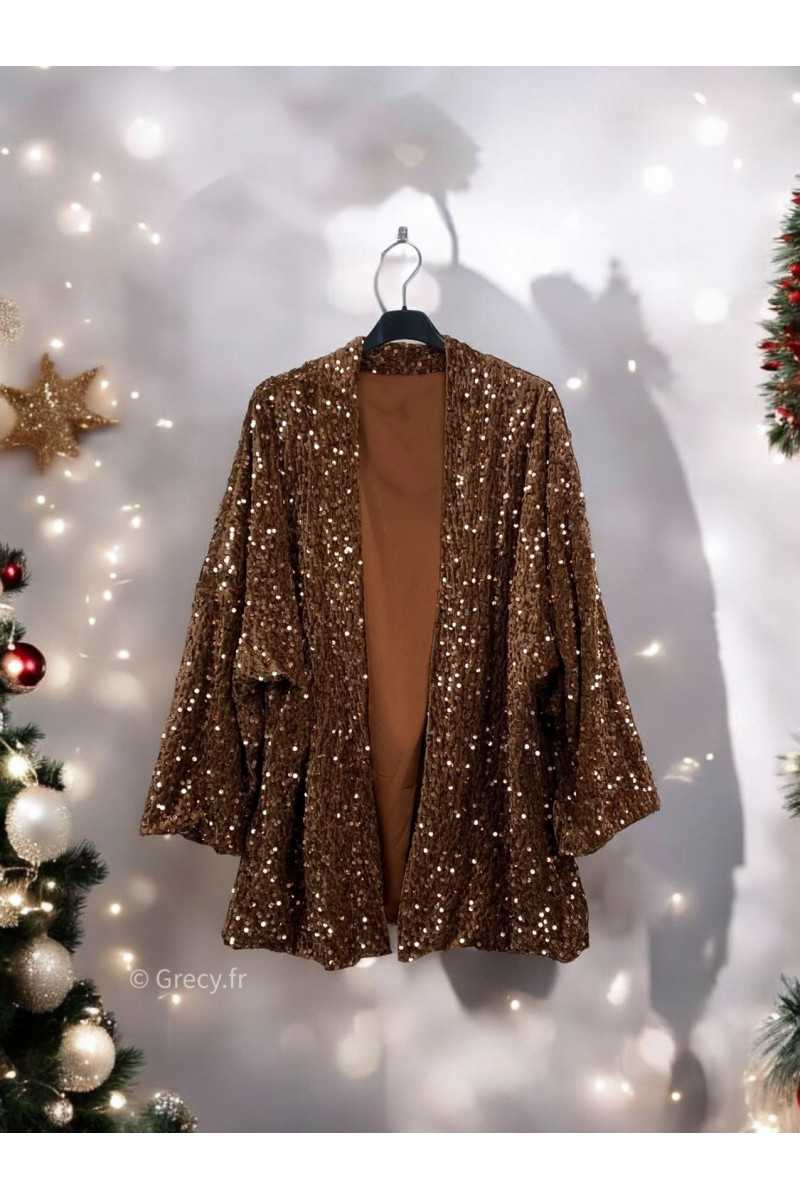 veste blazer sequins marron chocolat camel pailleté fêtes tendance mode grecy look automne hiver 2024