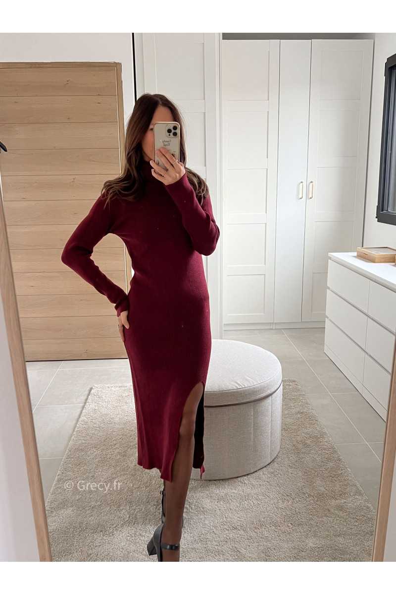 robe pull longue bordeaux fendue col roulé tendance mode grecy look automne hiver 2024