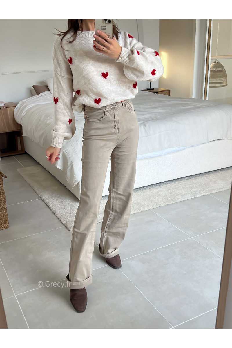 Jean beige wide leg taille haute confortable grecy mode tendance intemporel