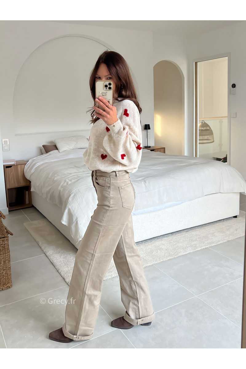 Jean beige wide leg taille haute confortable grecy mode tendance intemporel