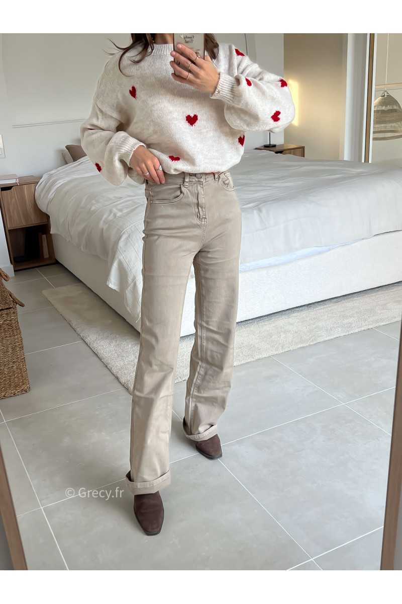 Jean beige wide leg taille haute confortable grecy mode tendance intemporel