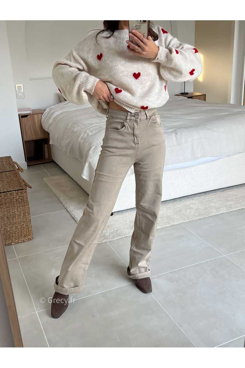 Jean beige wide leg taille haute confortable grecy mode tendance intemporel