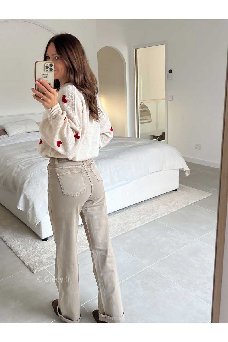 Jean beige wide leg taille haute confortable grecy mode tendance intemporel