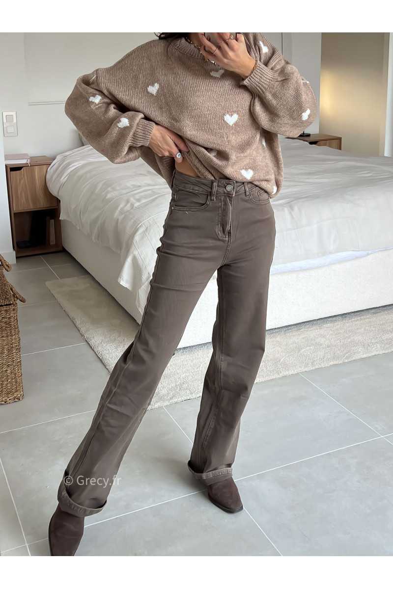 Jean taupe marron wide leg taille haute confortable grecy mode tendance intemporel