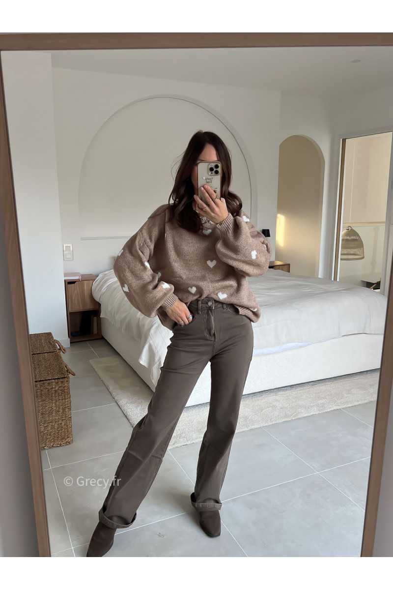 Jean taupe marron wide leg taille haute confortable grecy mode tendance intemporel