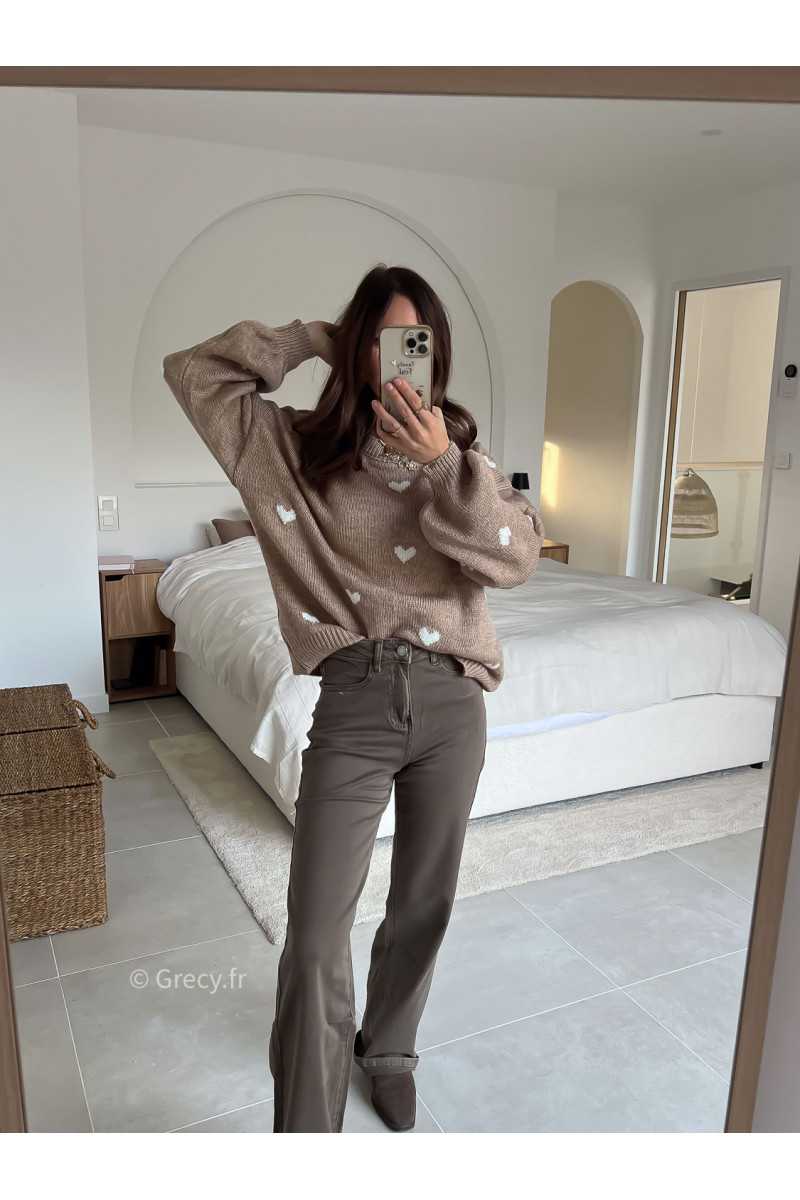 Jean taupe marron wide leg taille haute confortable grecy mode tendance intemporel