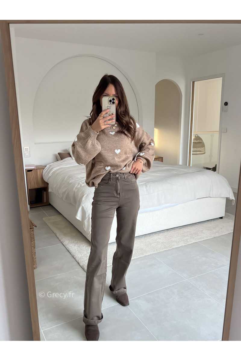 Jean taupe marron wide leg taille haute confortable grecy mode tendance intemporel