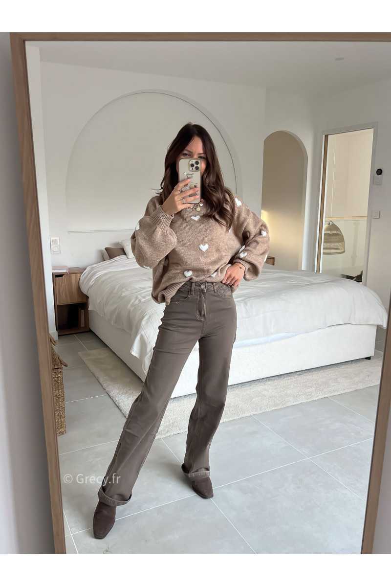 Jean taupe marron wide leg taille haute confortable grecy mode tendance intemporel
