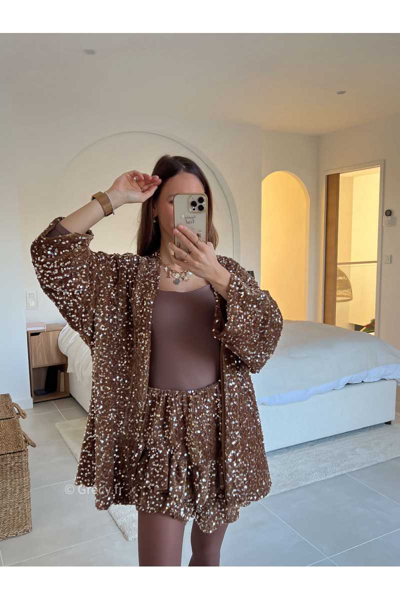 veste blazer sequins marron chocolat camel pailleté fêtes tendance mode grecy look automne hiver 2024