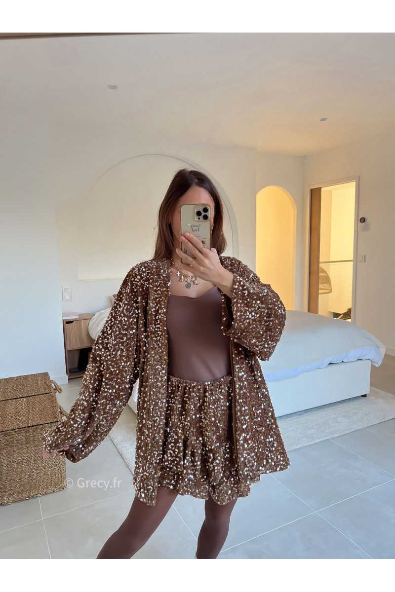 veste blazer sequins marron chocolat camel pailleté fêtes tendance mode grecy look automne hiver 2024