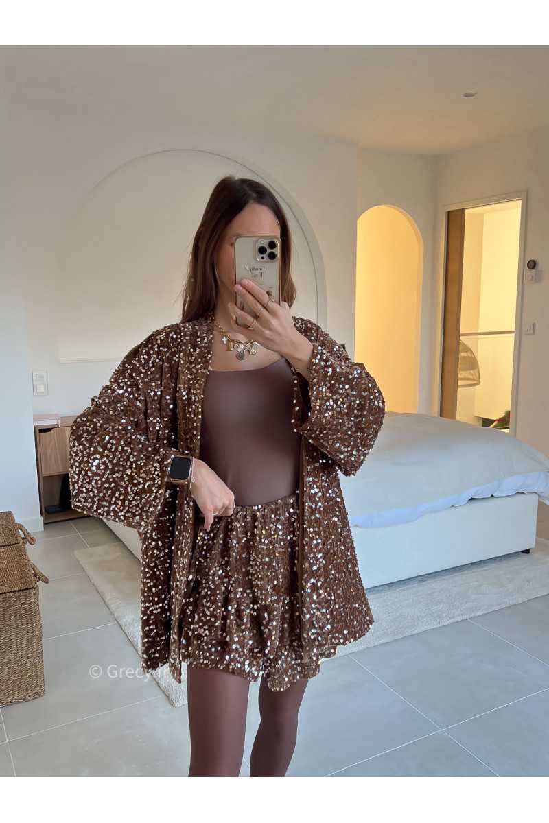 veste blazer sequins marron chocolat camel pailleté fêtes tendance mode grecy look automne hiver 2024
