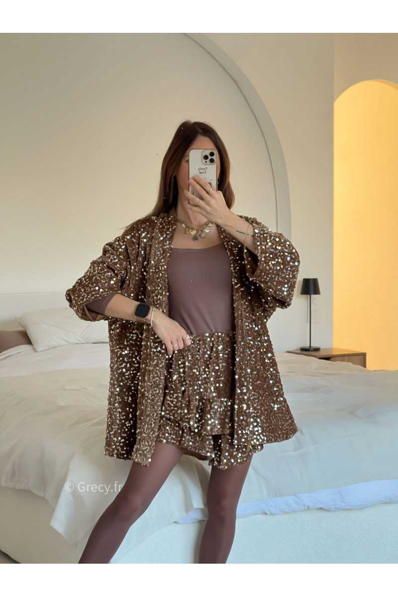 veste blazer sequins marron chocolat camel pailleté fêtes tendance mode grecy look automne hiver 2024