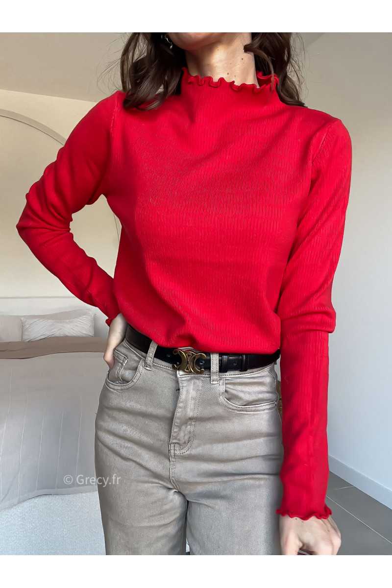 Pull col montant volants rouge mode grecy look tendance 2025