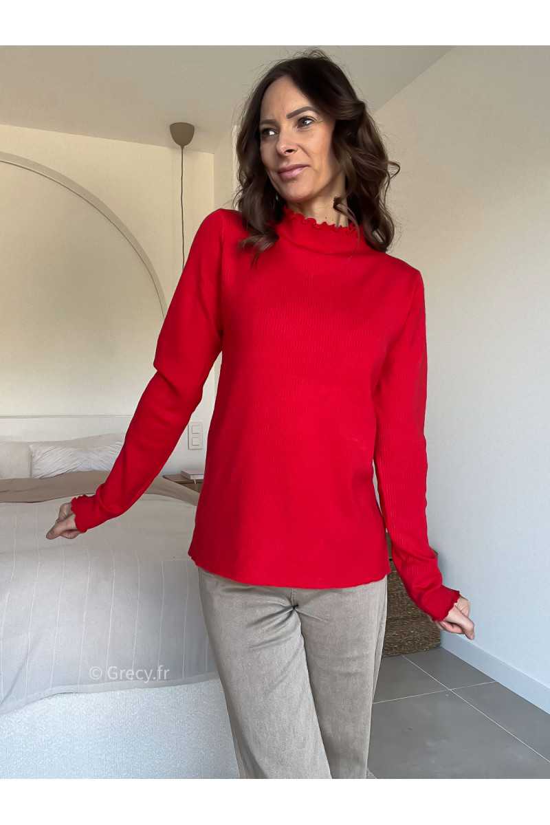 Pull col montant volants rouge mode grecy look tendance 2025