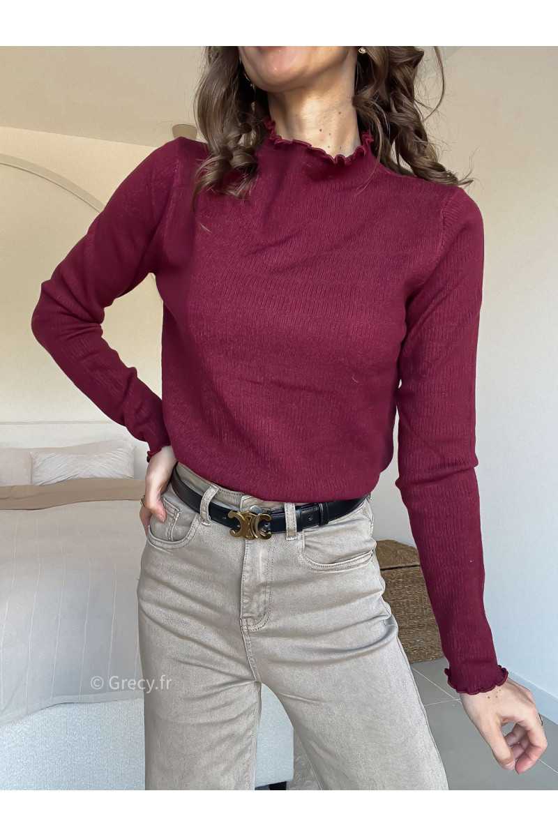 Pull col montant volants bordeaux mode grecy look tendance 2025