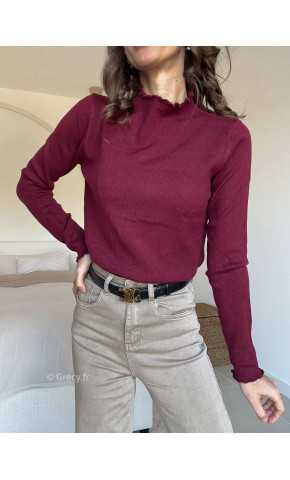 Pull col montant volants bordeaux mode grecy look tendance 2025