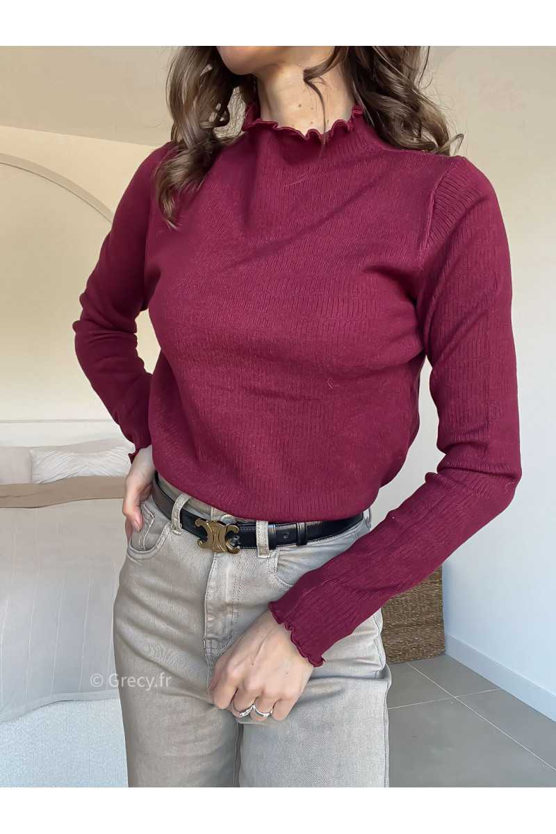Pull col montant volants bordeaux mode grecy look tendance 2025