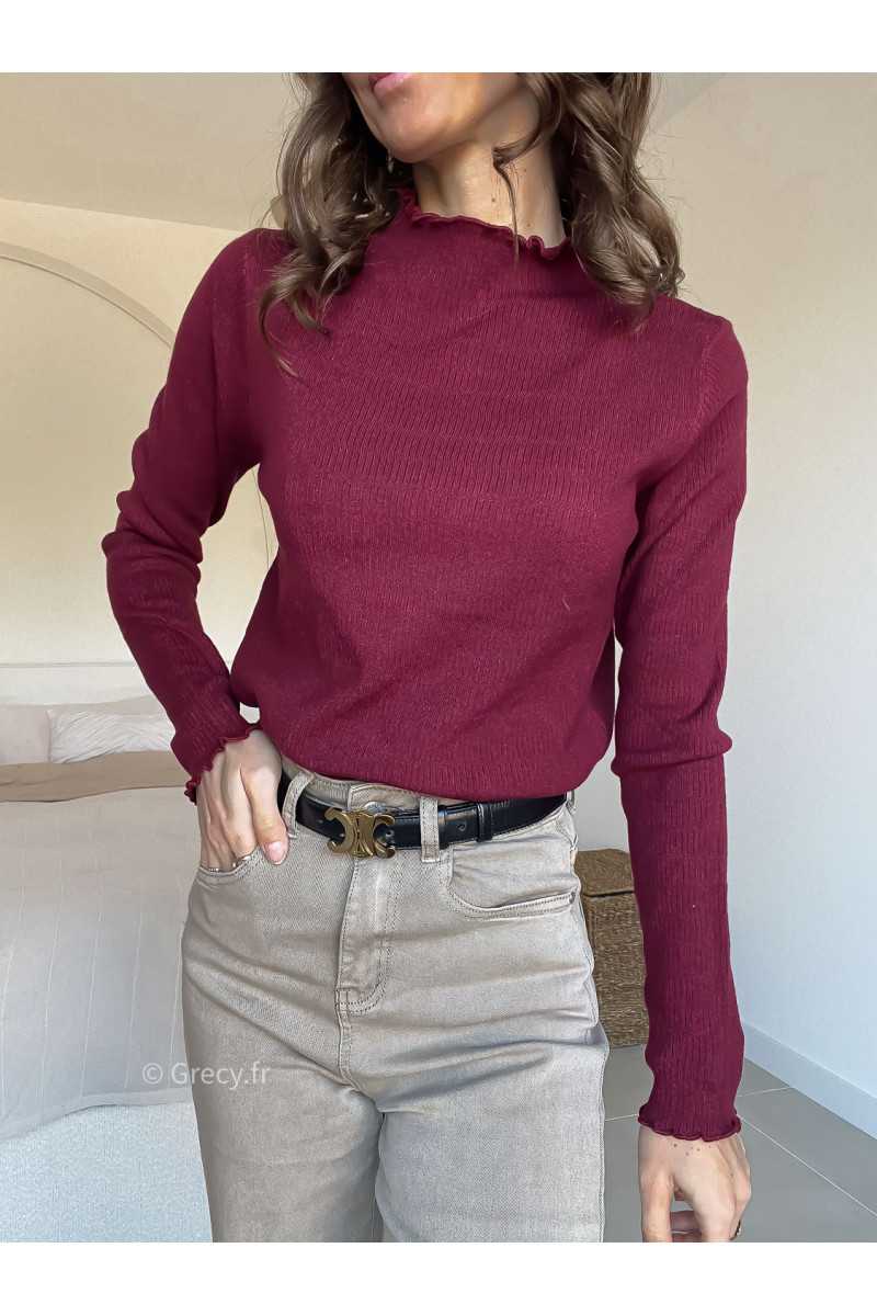 Pull col montant volants bordeaux mode grecy look tendance 2025