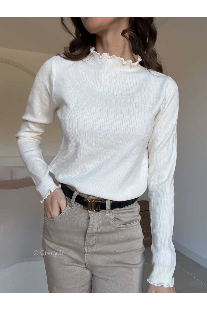 Pull col montant volants blanc écru mode grecy look tendance 2025