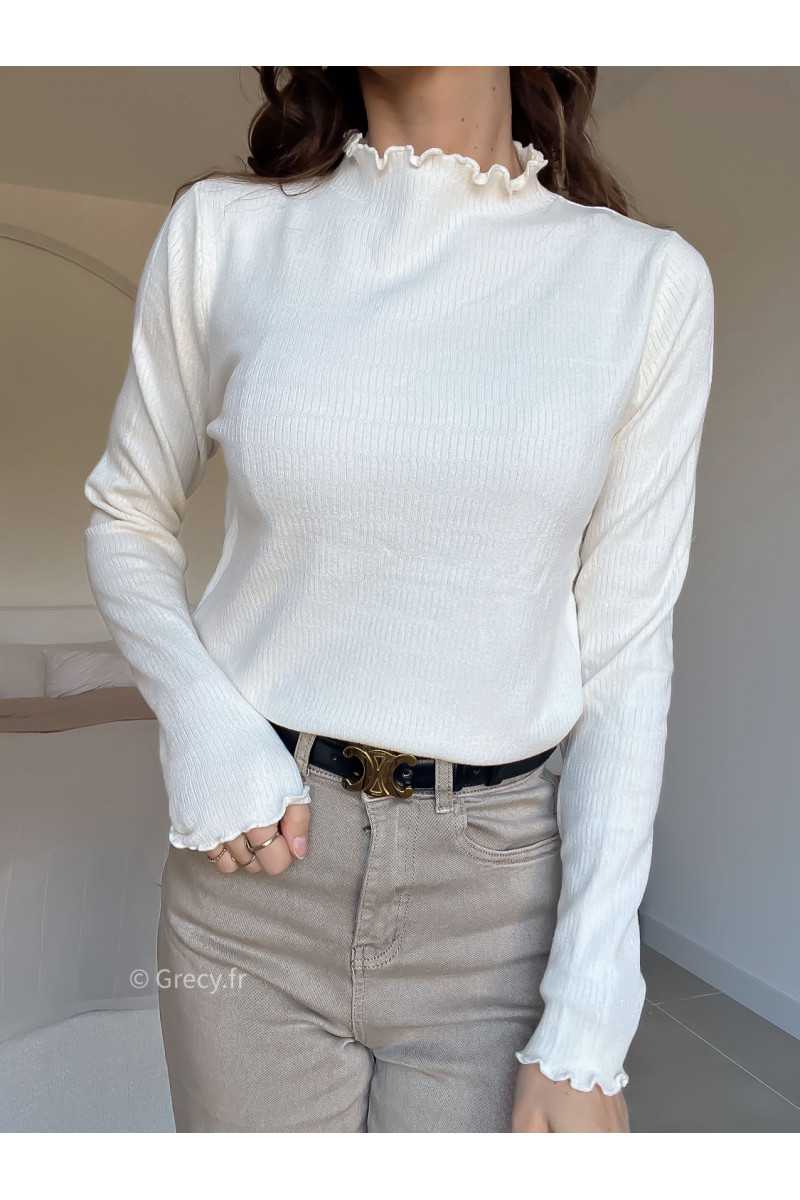 Pull col montant volants blanc écru mode grecy look tendance 2025