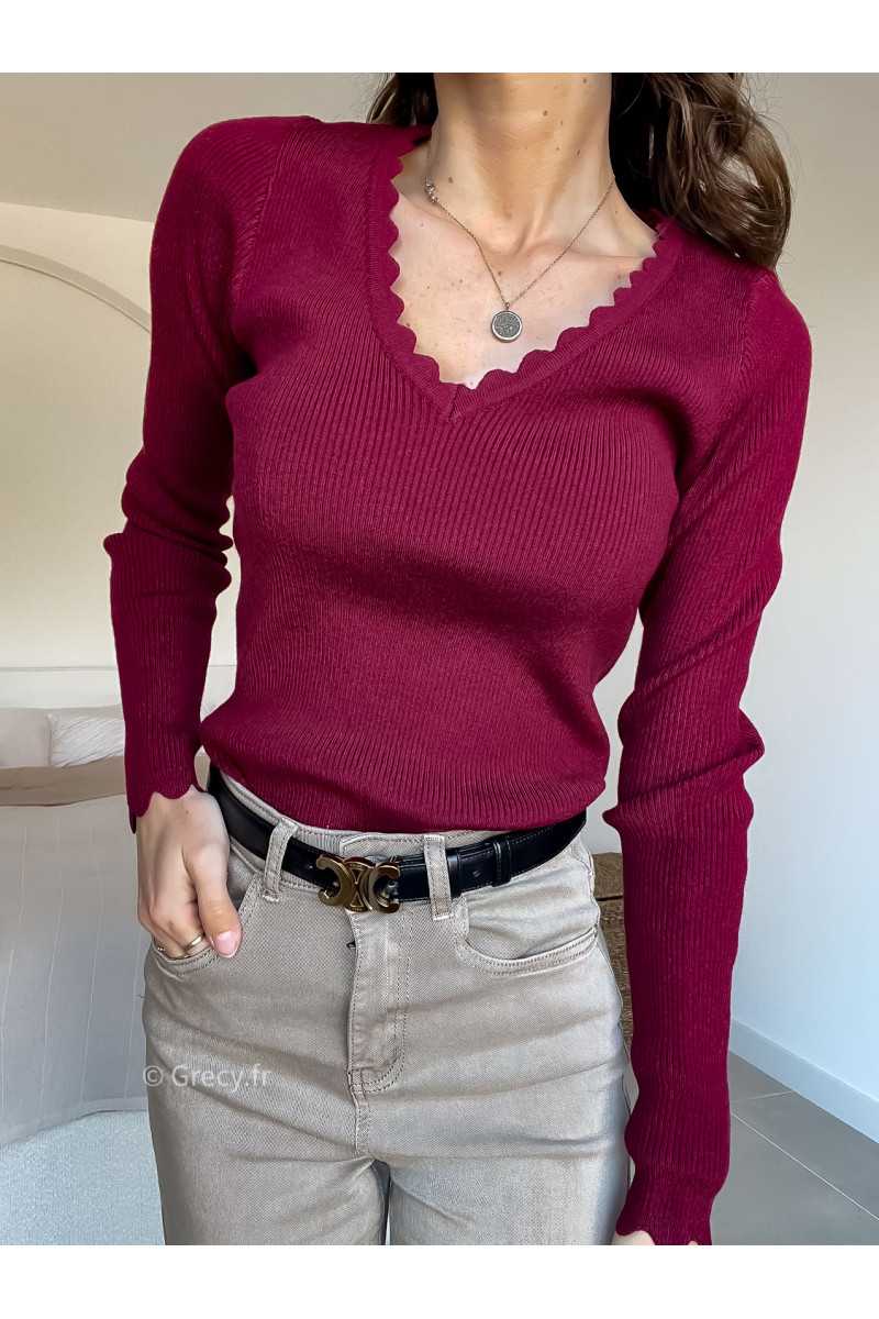 Pull col V dentelé bordeaux mode grecy look tendance 2025