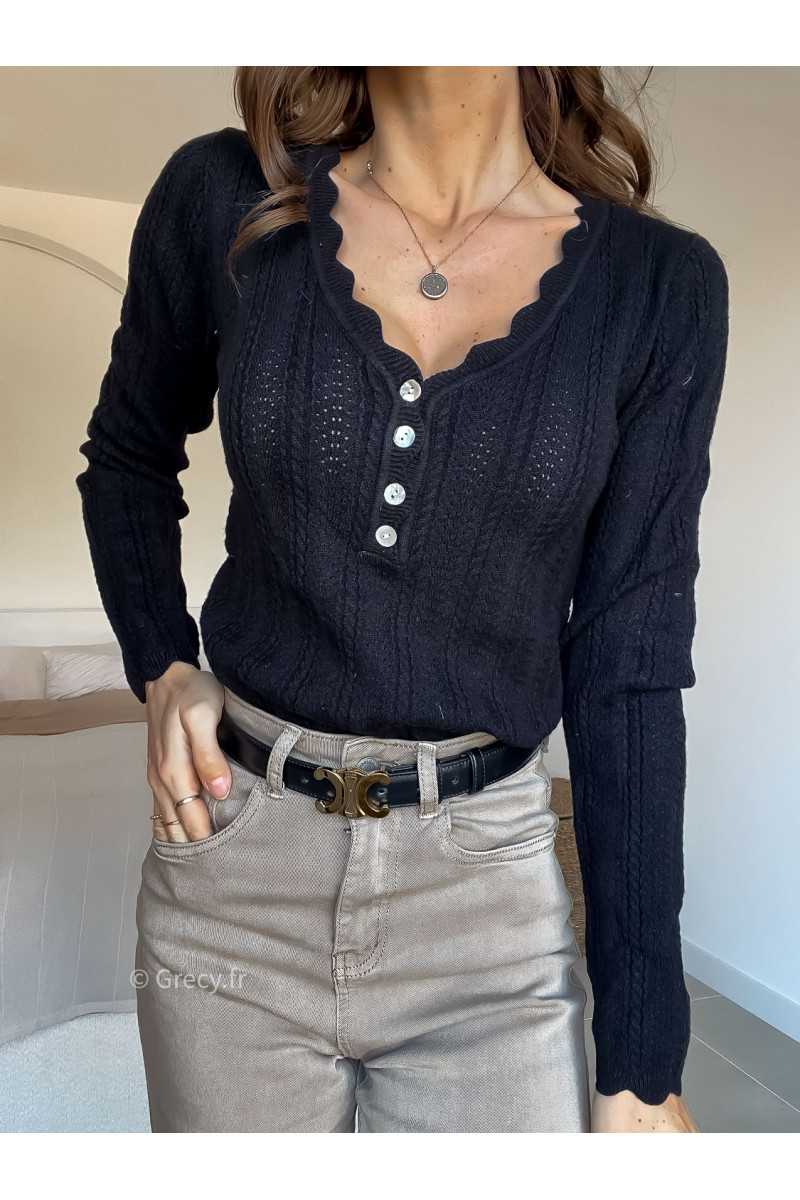 Pull col boutonné noir mode grecy look tendance 2025