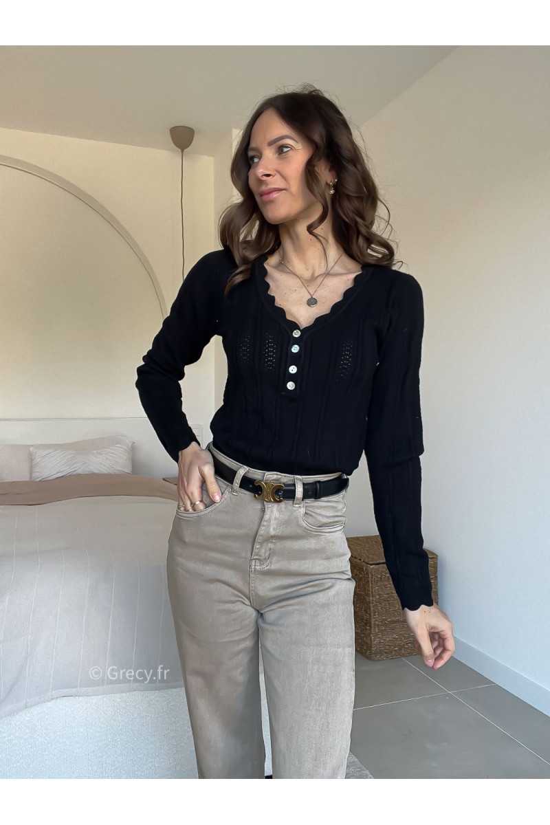 Pull col boutonné noir mode grecy look tendance 2025