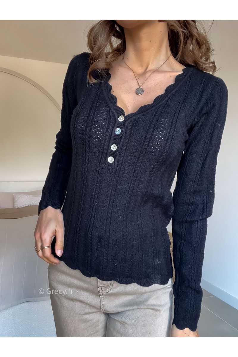 Pull col boutonné noir mode grecy look tendance 2025