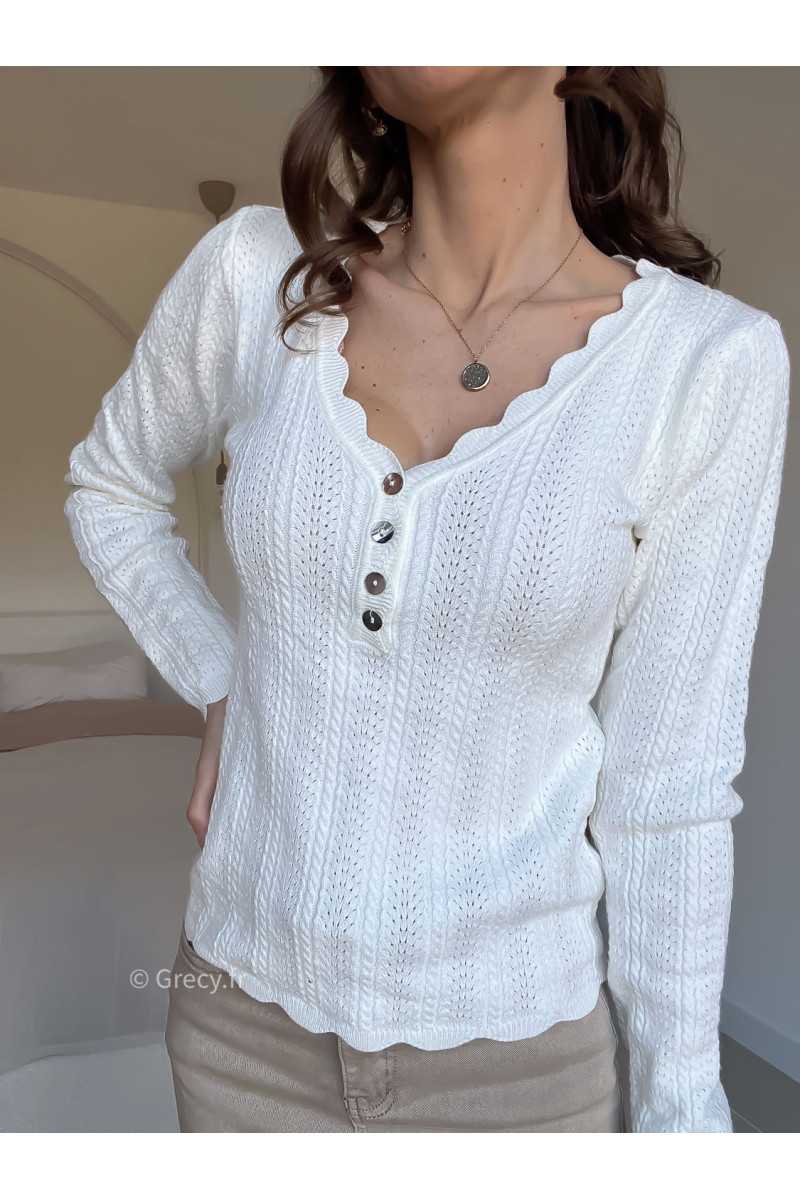 Pull col boutonné taupe blanc grecy look tendance 2025