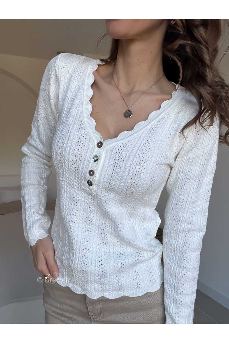 Pull col boutonné taupe blanc grecy look tendance 2025