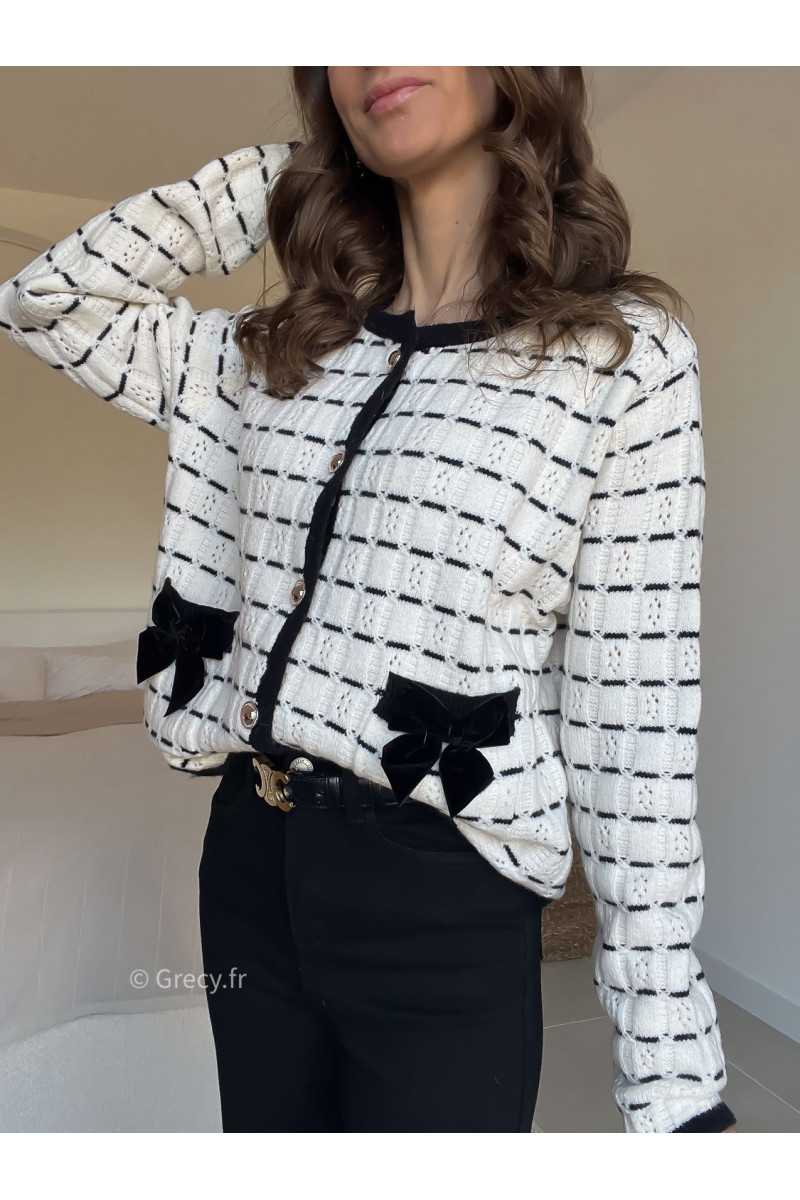 Cardigan noeuds poches blanc noir grecy look tendance 2025