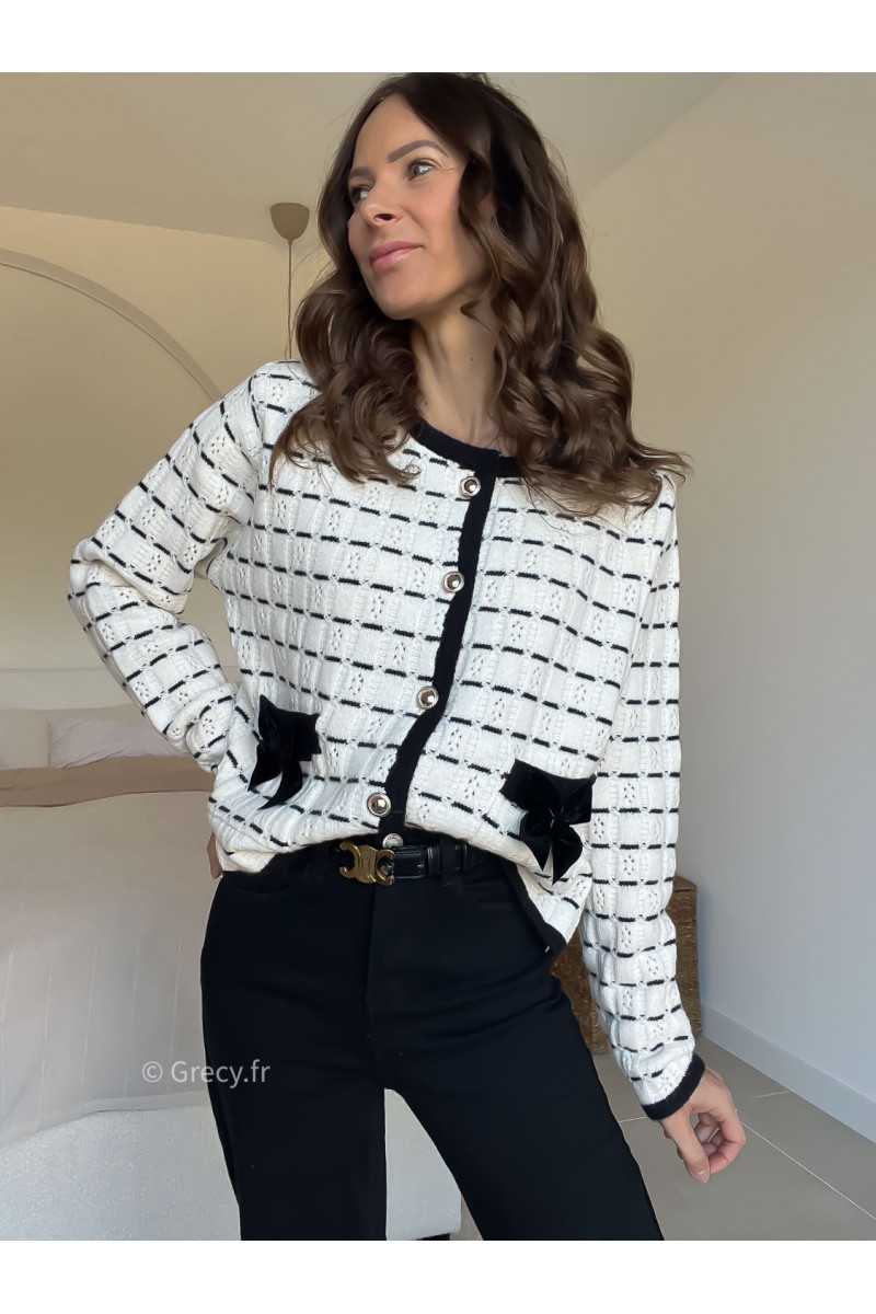 Cardigan noeuds poches blanc noir grecy look tendance 2025