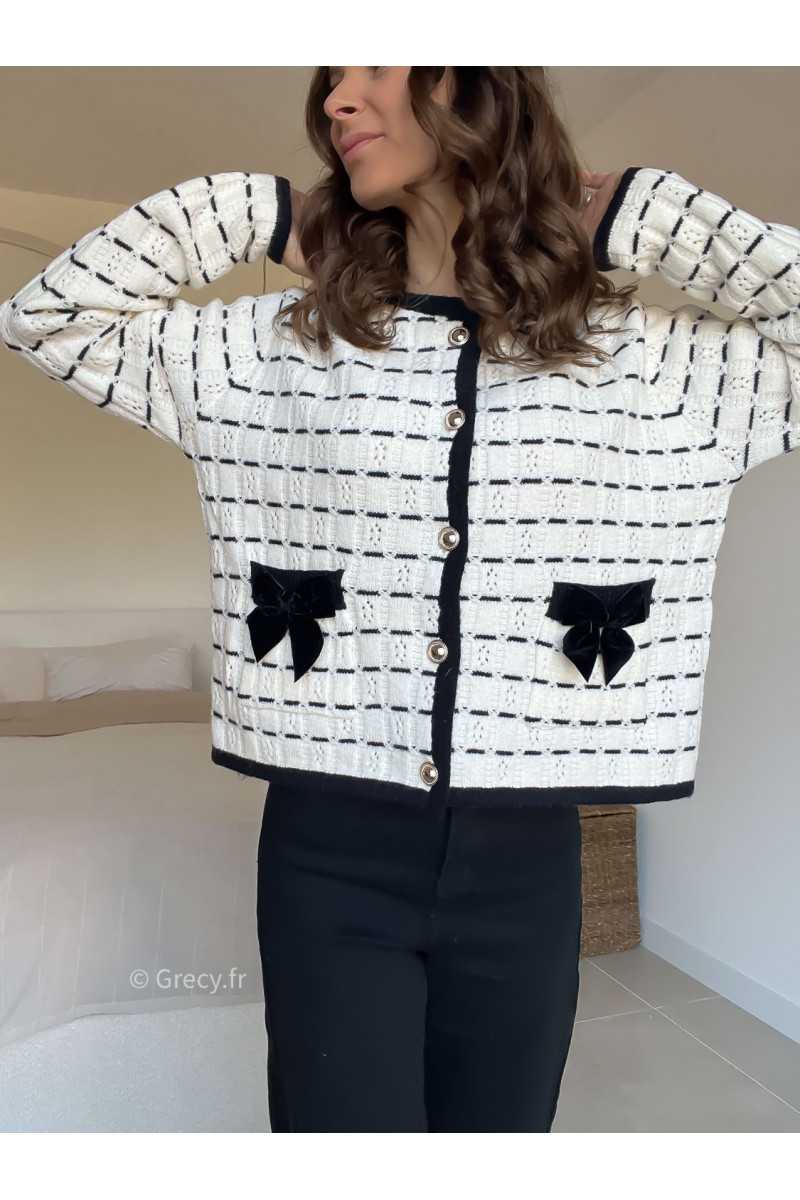 Cardigan noeuds poches blanc noir grecy look tendance 2025