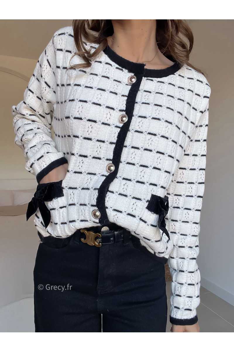 Cardigan noeuds poches blanc noir grecy look tendance 2025