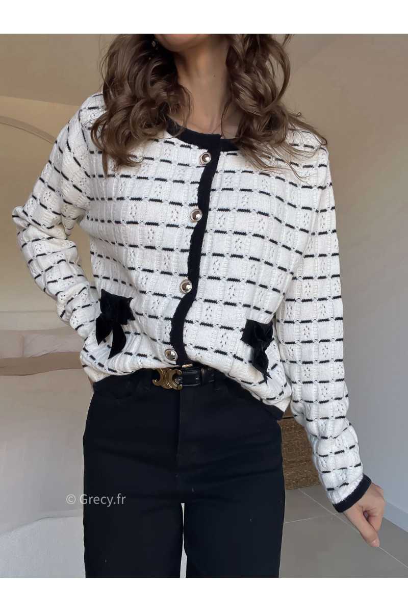 Cardigan noeuds poches blanc noir grecy look tendance 2025