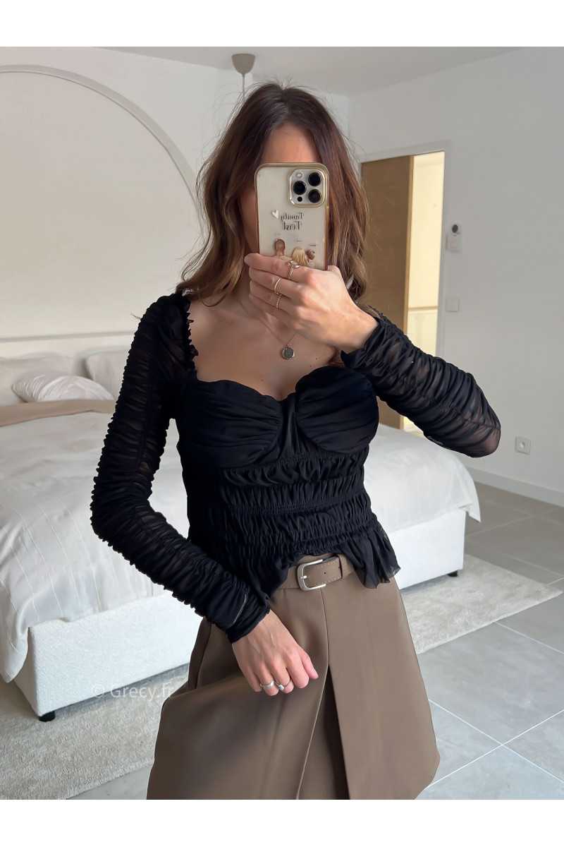 Top noir romantique volants fluide printemps mode tendance 2025 grecy