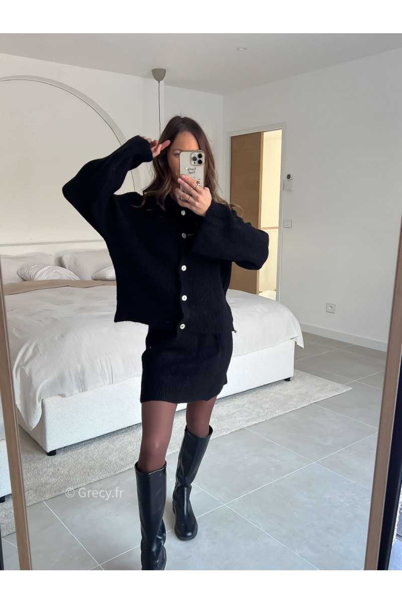 Ensemble maille noir jupe et gilet printemps mode tendance 2025 grecy