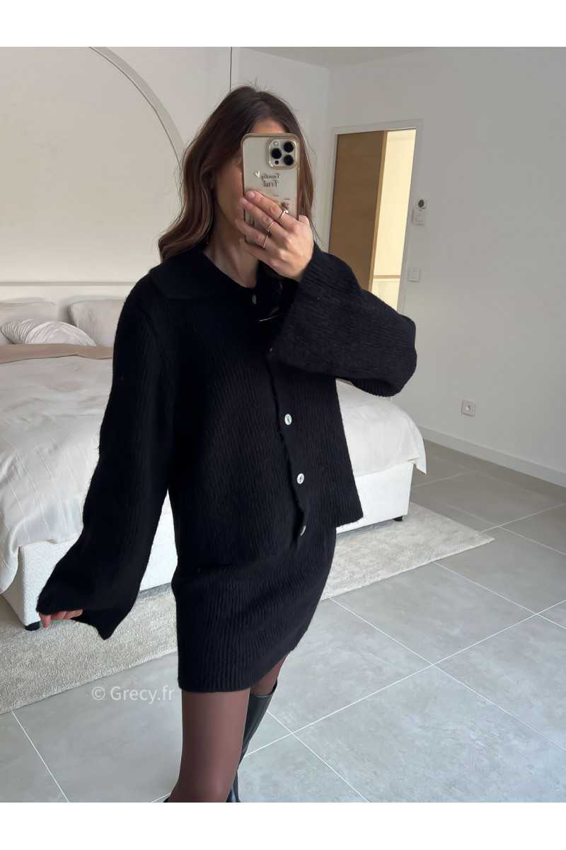 Ensemble maille noir jupe et gilet printemps mode tendance 2025 grecy