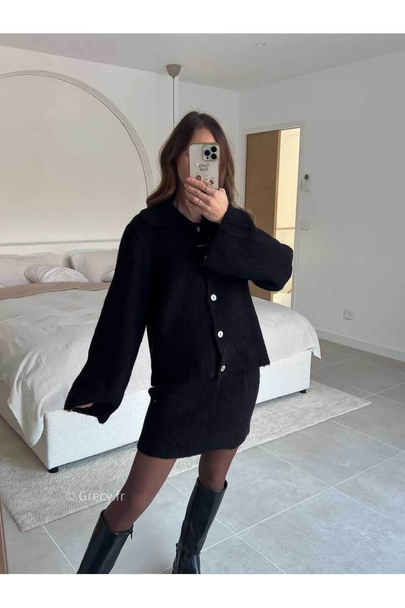 Ensemble maille noir jupe et gilet printemps mode tendance 2025 grecy