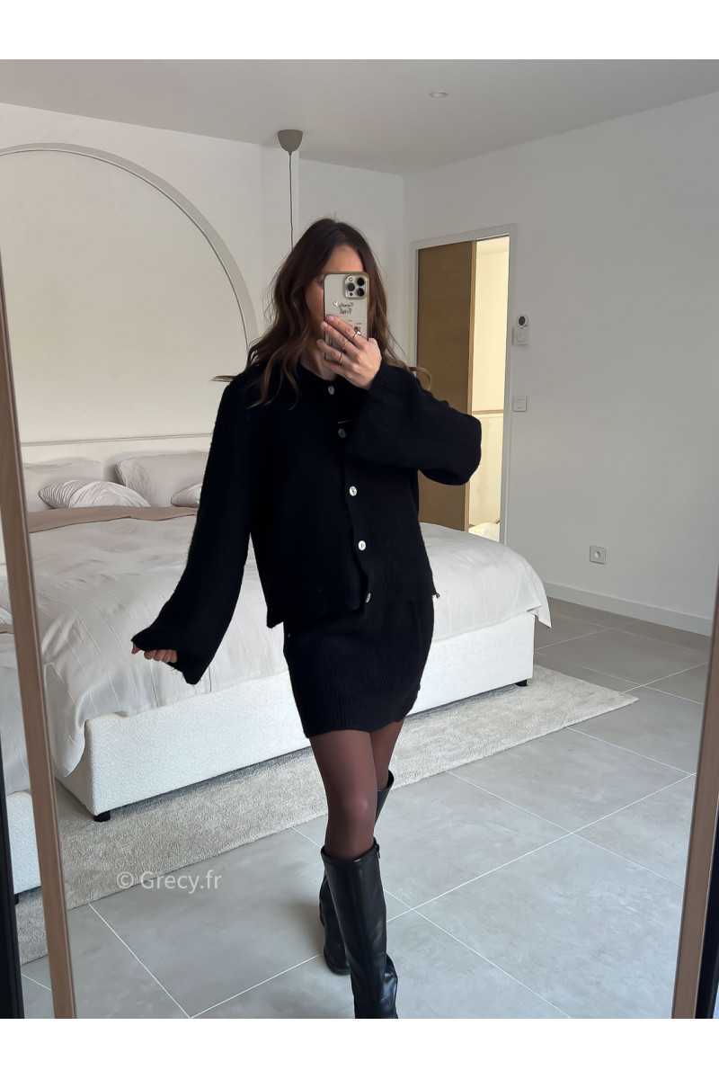 Ensemble maille noir jupe et gilet printemps mode tendance 2025 grecy