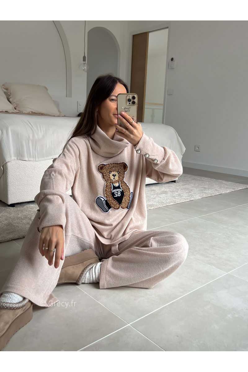 Ensemble Teddy beige pull ours ourson pantalon look ootd outfit mode tendance grecy