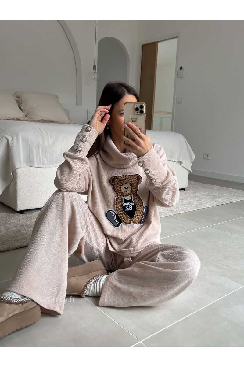 Ensemble Teddy beige pull ours ourson pantalon look ootd outfit mode tendance grecy