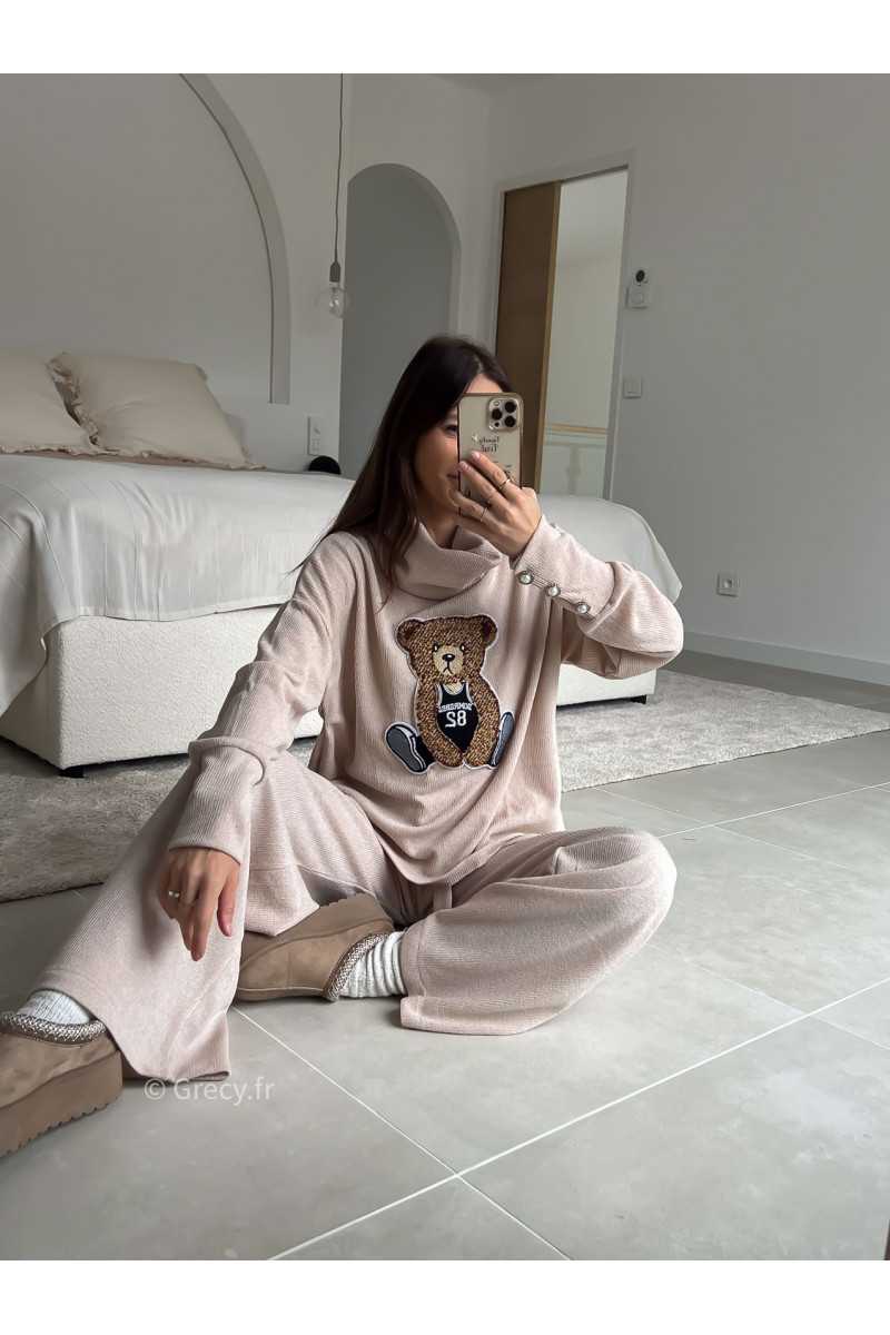 Ensemble Teddy beige pull ours ourson pantalon look ootd outfit mode tendance grecy