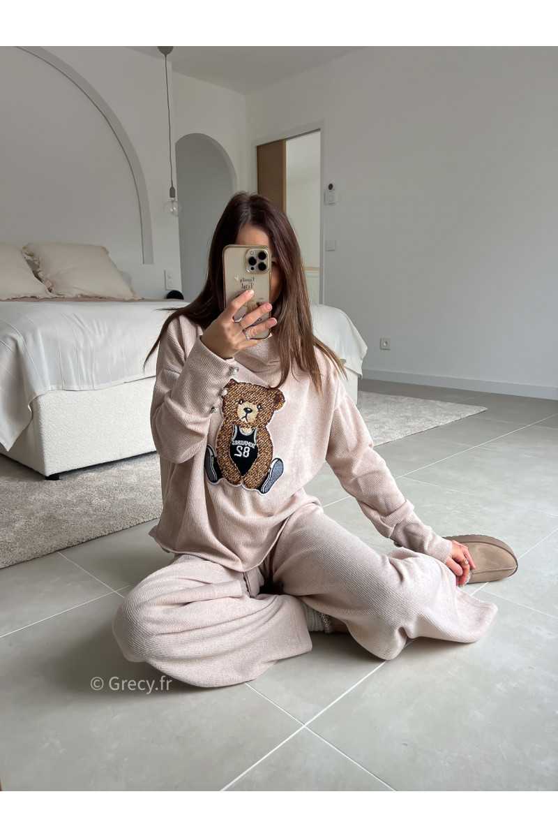 Ensemble Teddy beige pull ours ourson pantalon look ootd outfit mode tendance grecy