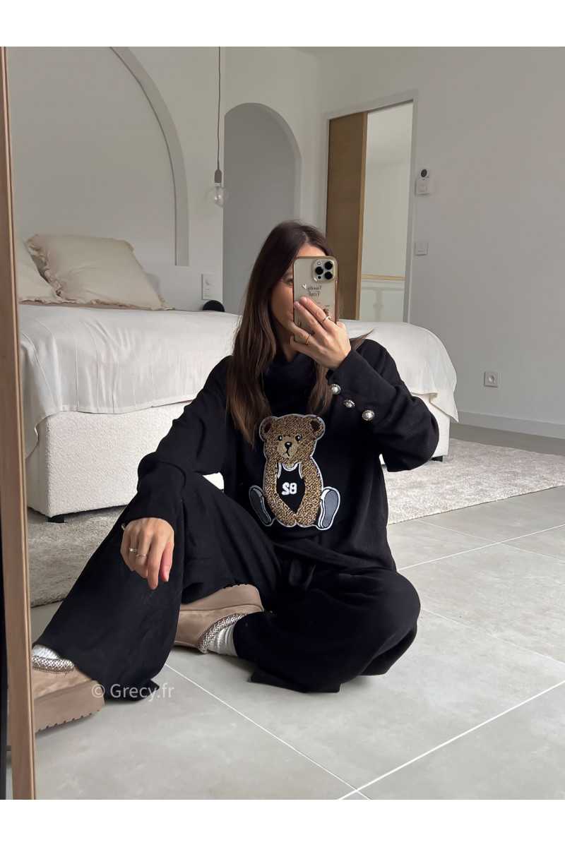 Ensemble Teddy noir pull ours ourson pantalon look ootd outfit mode tendance grecy